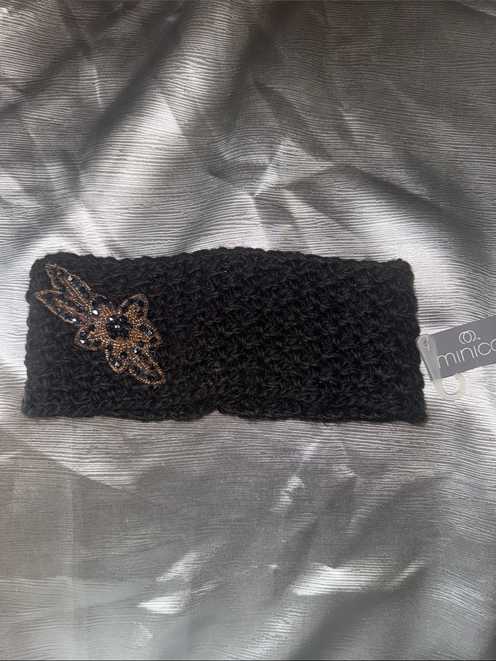 Minicci Black Knit Ear Warmer with Beaded Floral Accent